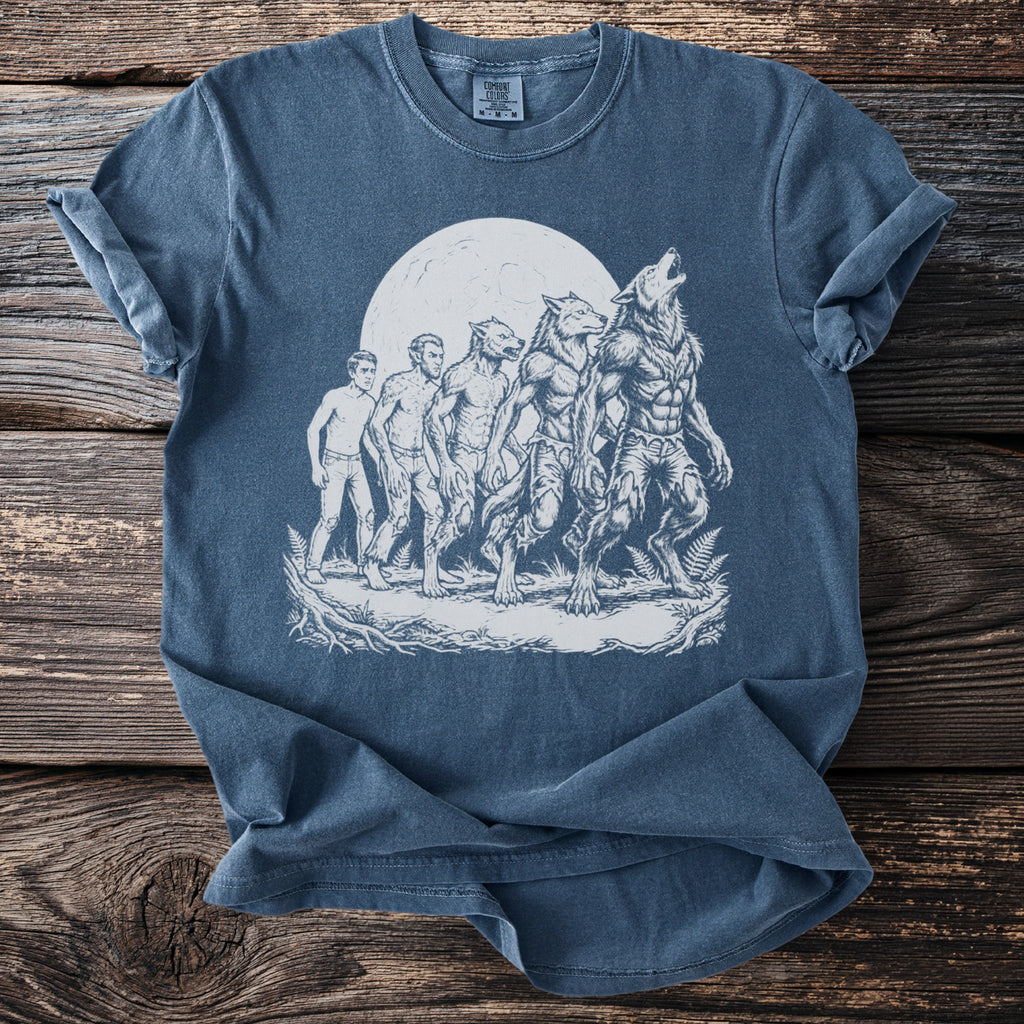 Werewolf transformation illustration with a full moon and multiple stages of change.