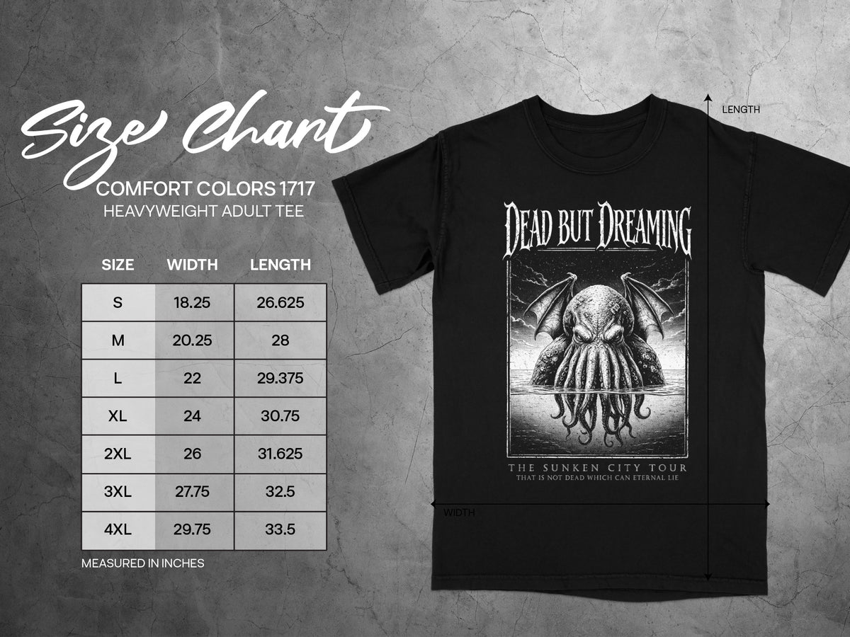 Comfort Colors 1717 size chart for a black t-shirt with a Dead But Dreaming graphic.