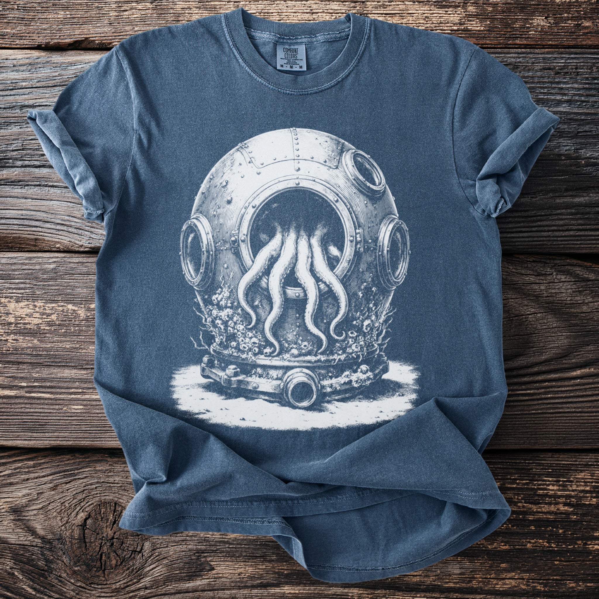 Blue t-shirt with a vintage diver helmet and octopus tentacles graphic.