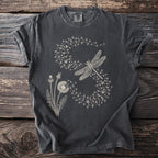 Dark grey t-shirt with a cream dragonfly and dandelion puff print.