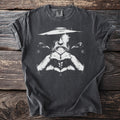 Charcoal t-shirt with a vintage print of a bearded man with two ravens and braided hands.
