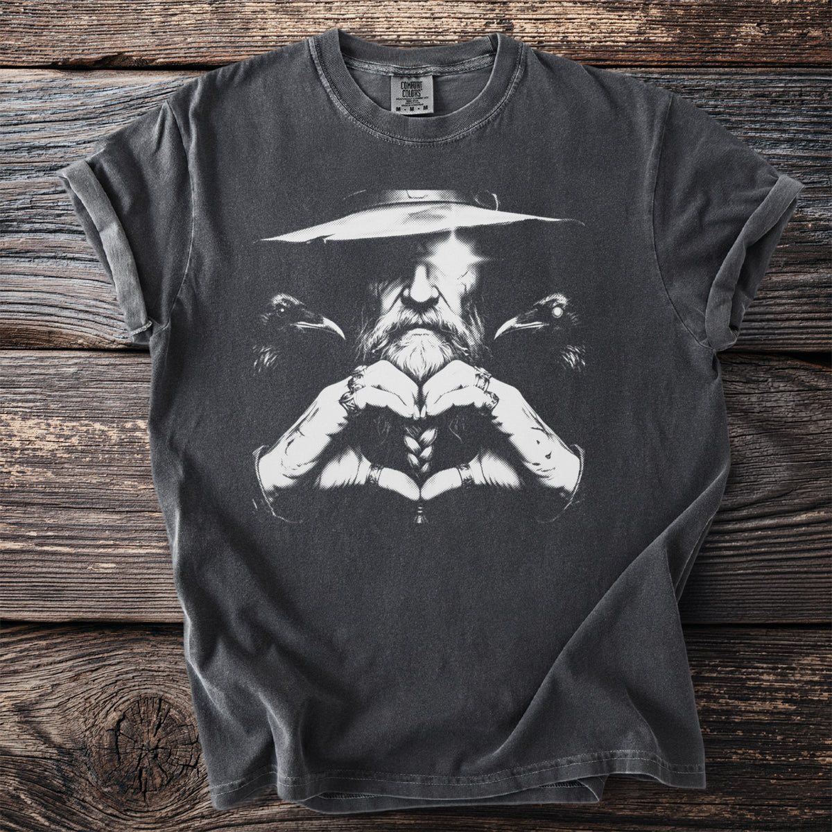 Charcoal t-shirt with a vintage print of a bearded man with two ravens and braided hands.