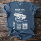 Blue t-shirt graphic of a glass frog with scientific details.