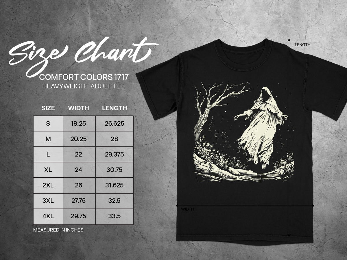 Comfort Colors 1717 heavyweight adult tee size chart with width and length measurements in inches.