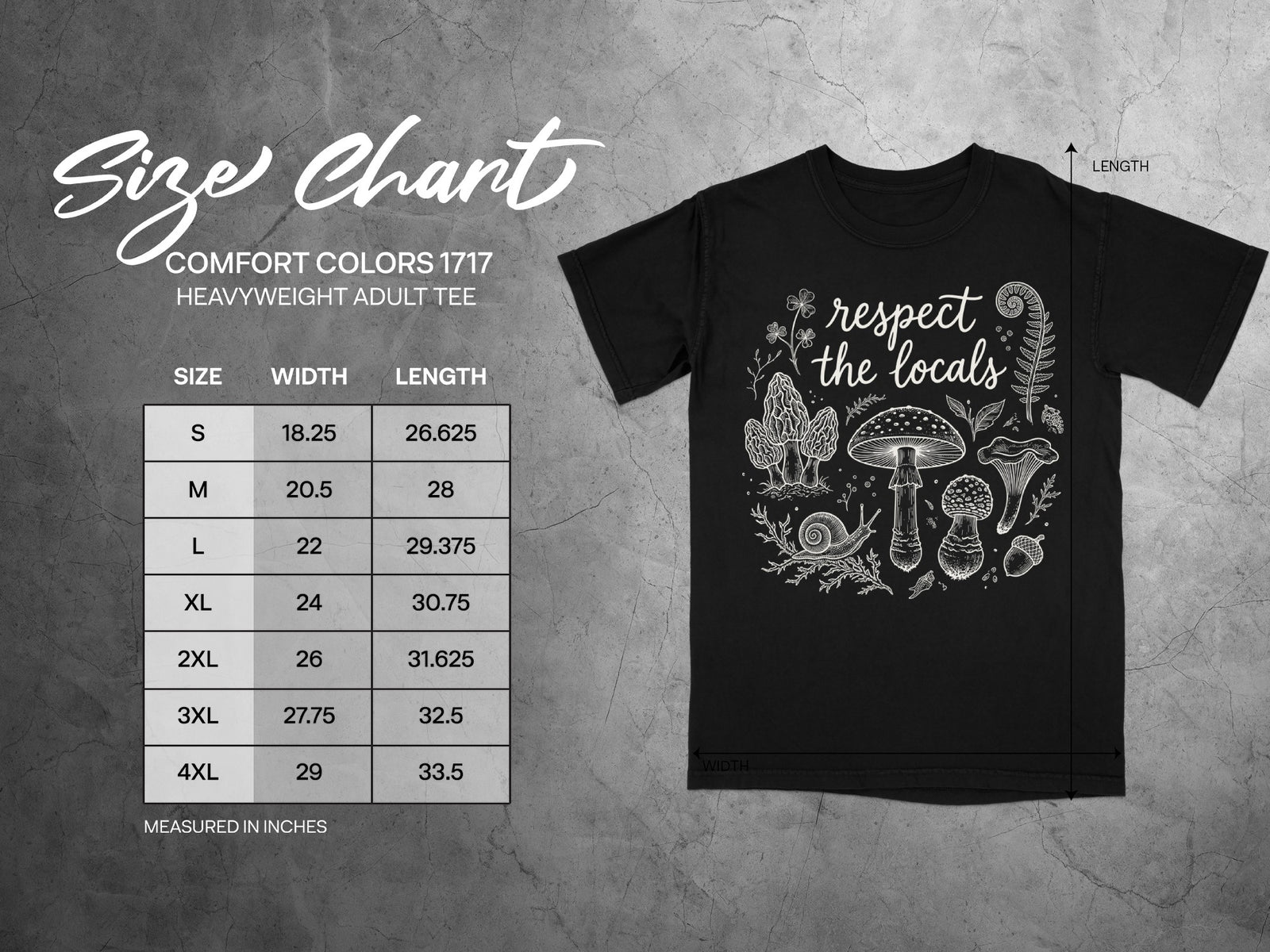 Black t-shirt with "respect the locals" text and mushroom graphic. Size chart provided.