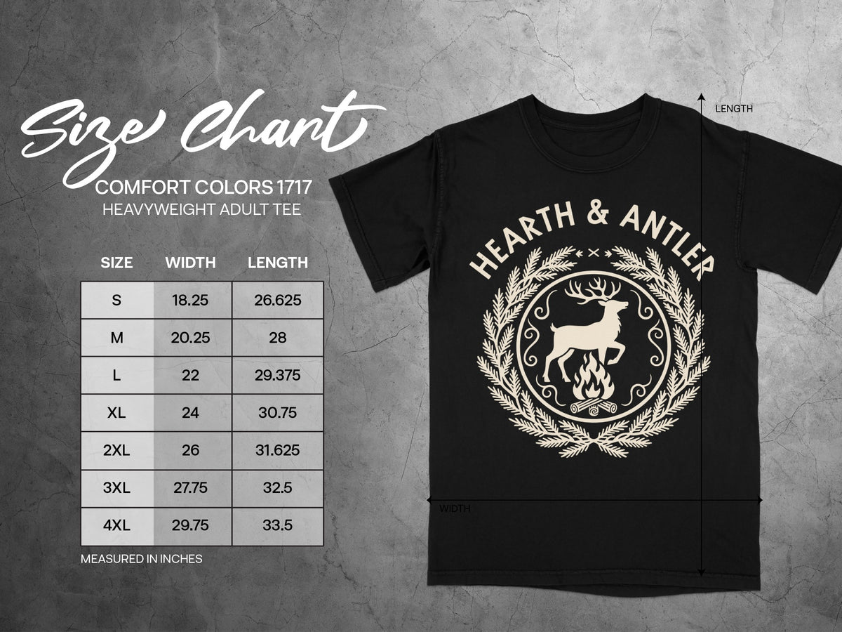 Comfort Colors 1717 adult tee size chart with width and length measurements in inches.
