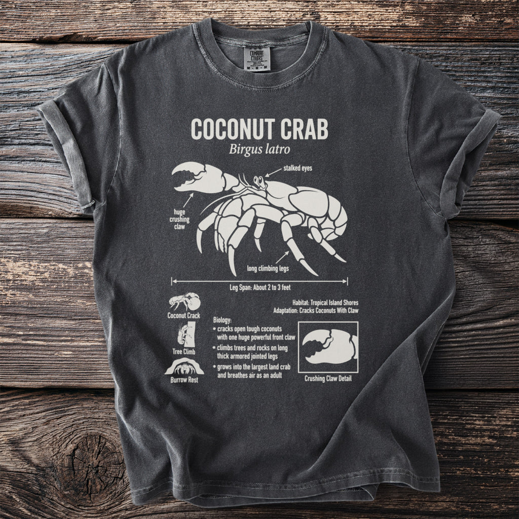 T-shirt with white graphic of a coconut crab and its biology information.