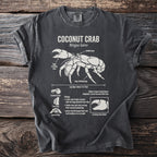 T-shirt with white graphic of a coconut crab and its biology information.