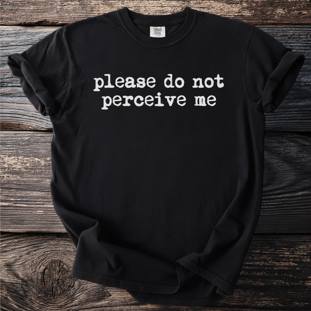 Black Comfort Colors t-shirt with "please do not perceive me" text.