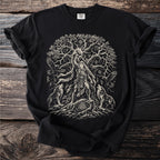 Black t-shirt with a detailed graphic of a Norse warrior, wolves, ravens, and Yggdrasil.