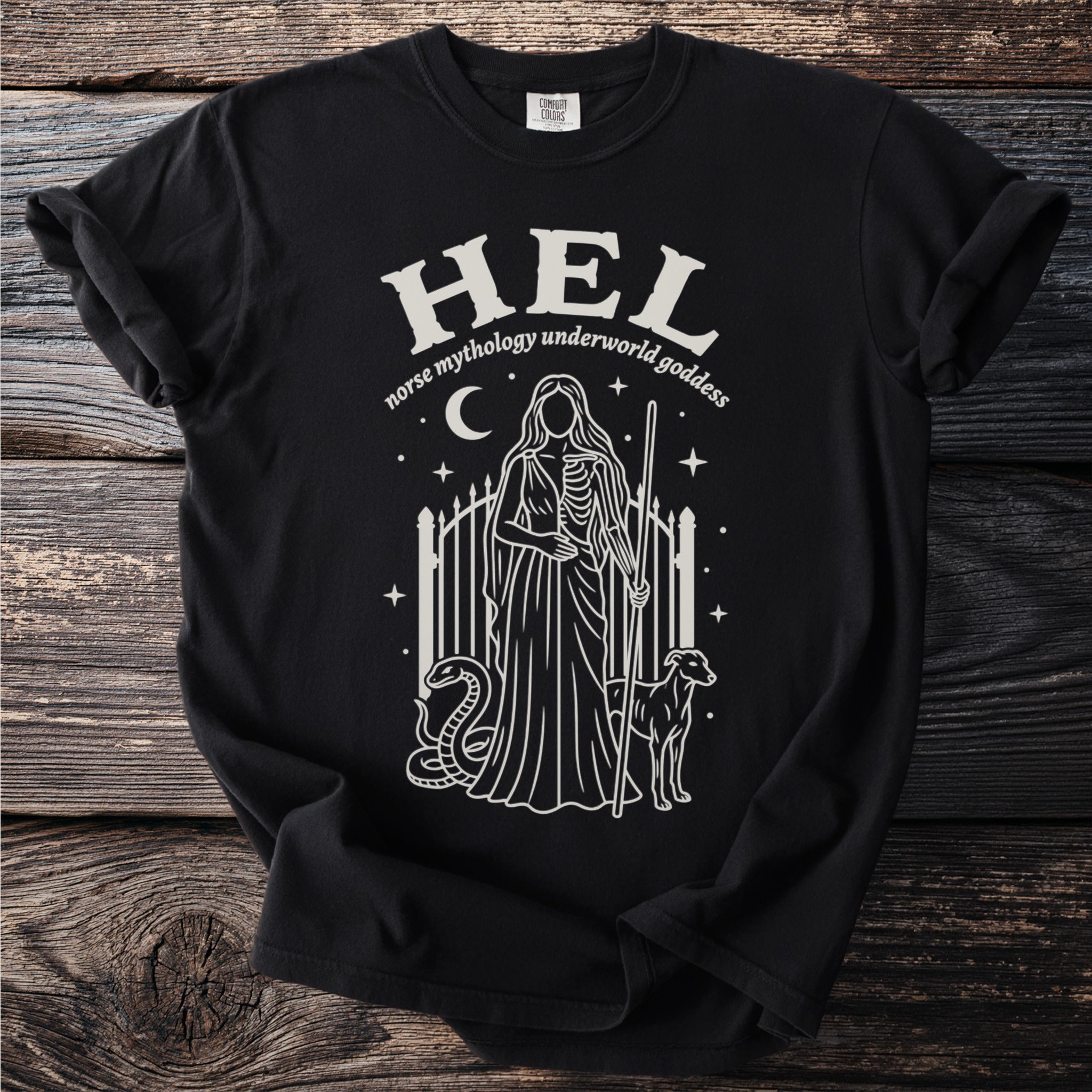 Black t-shirt with "HEL norse mythology underworld goddess" text and a skeletal figure, snake, dog, and gate.