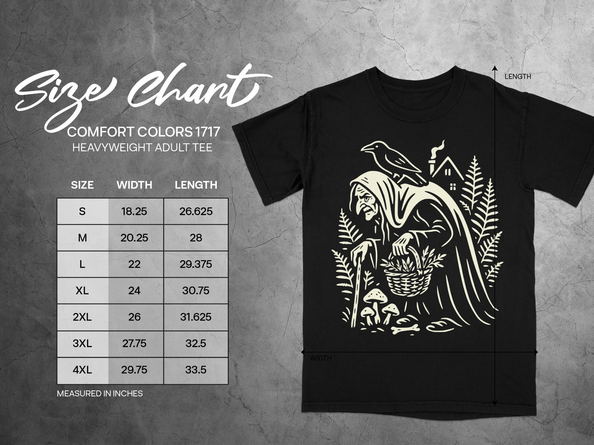 Comfort Colors 1717 heavyweight adult tee size chart with width and length measurements in inches.