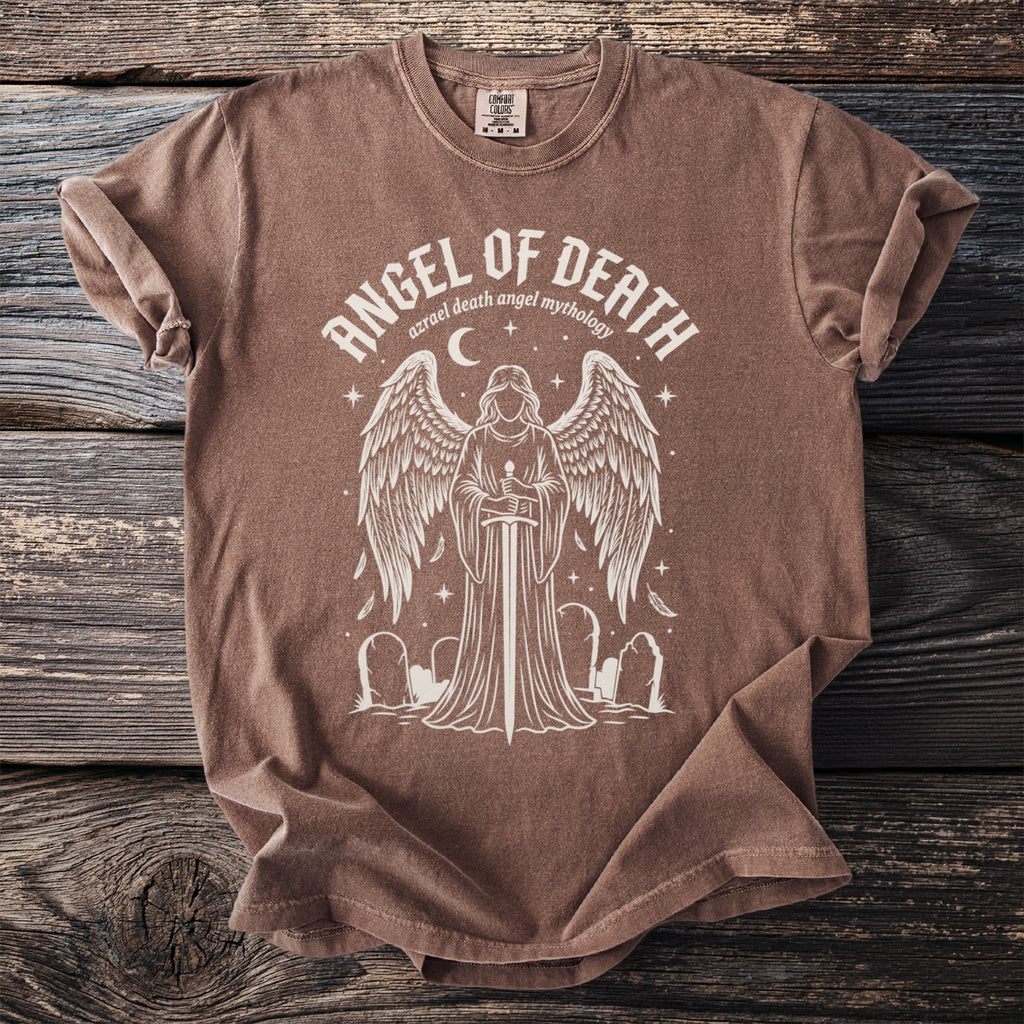 Brown t-shirt with "Angel of Death" graphic and cemetery imagery.