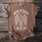 Brown t-shirt with "Angel of Death" graphic and cemetery imagery.