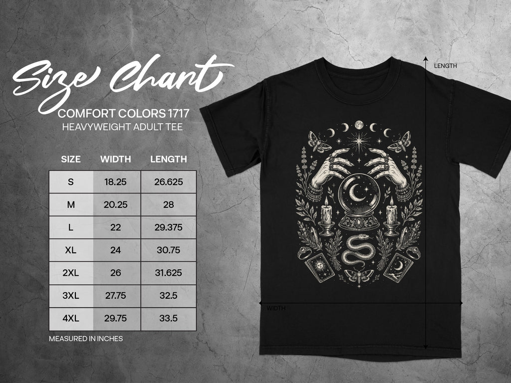 Comfort Colors 1717 heavyweight adult tee size chart with width and length measurements in inches.