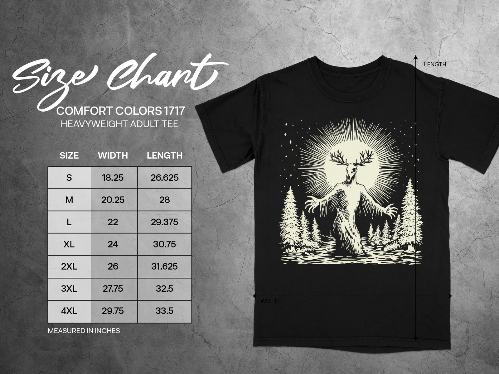 Comfort Colors 1717 size chart for heavyweight adult tees, measured in inches.