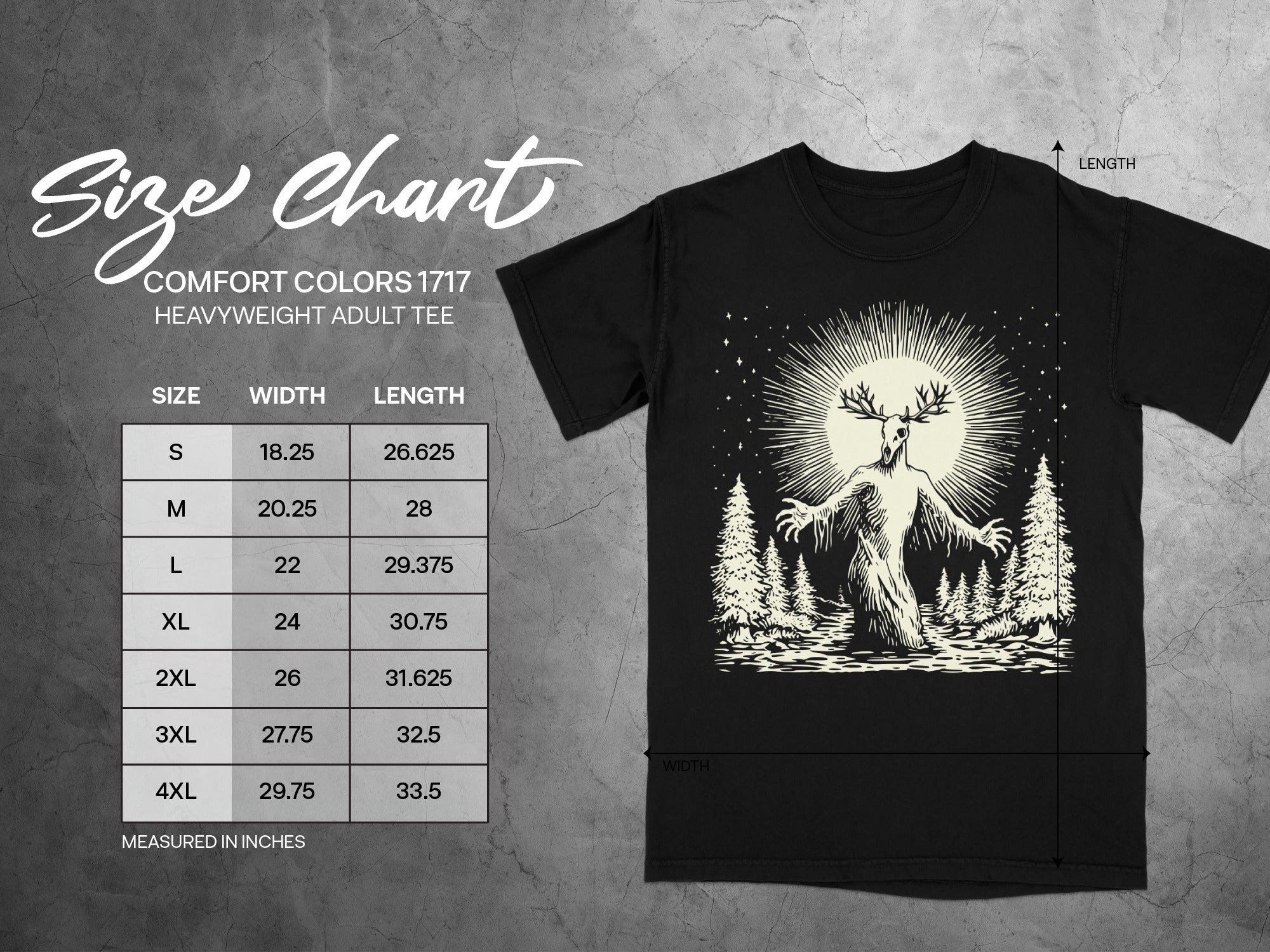 Comfort Colors 1717 size chart for heavyweight adult tees, measured in inches.