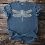 Blue t-shirt with a white ornamental dragonfly graphic and Comfort Colors label.