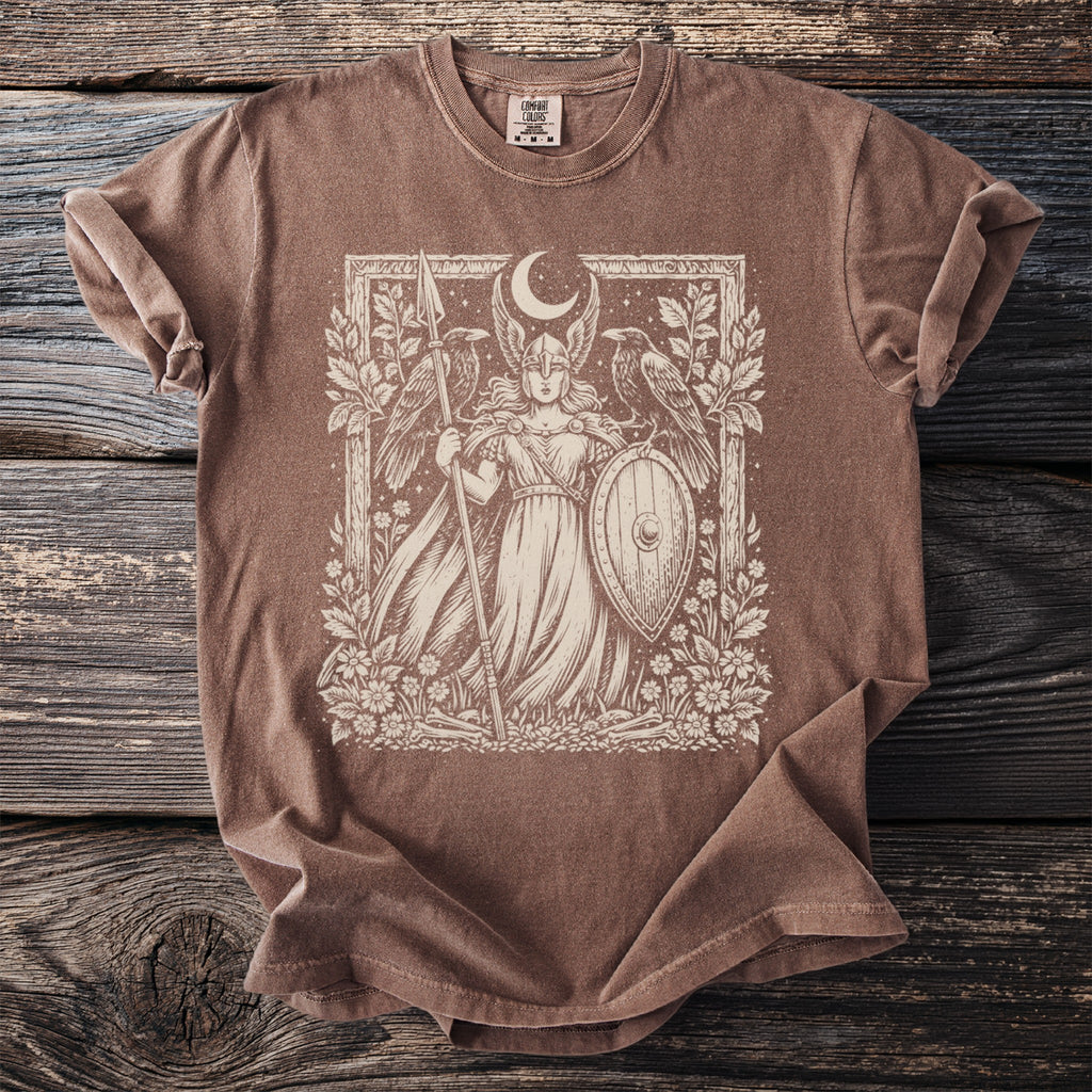 Brown t-shirt with cream graphic of a winged warrior holding a spear and shield.