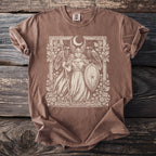 Brown t-shirt with cream graphic of a winged warrior holding a spear and shield.