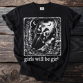 Black t-shirt with graphic of three women in gothic attire with bats and roses, text "girls will be girl."