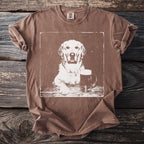 Brown t-shirt with a distressed graphic of a golden retriever and a beer mug.