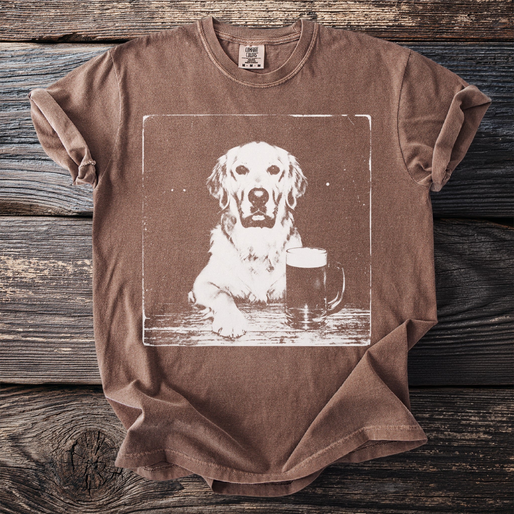 Brown t-shirt with a distressed graphic of a golden retriever and a beer mug.