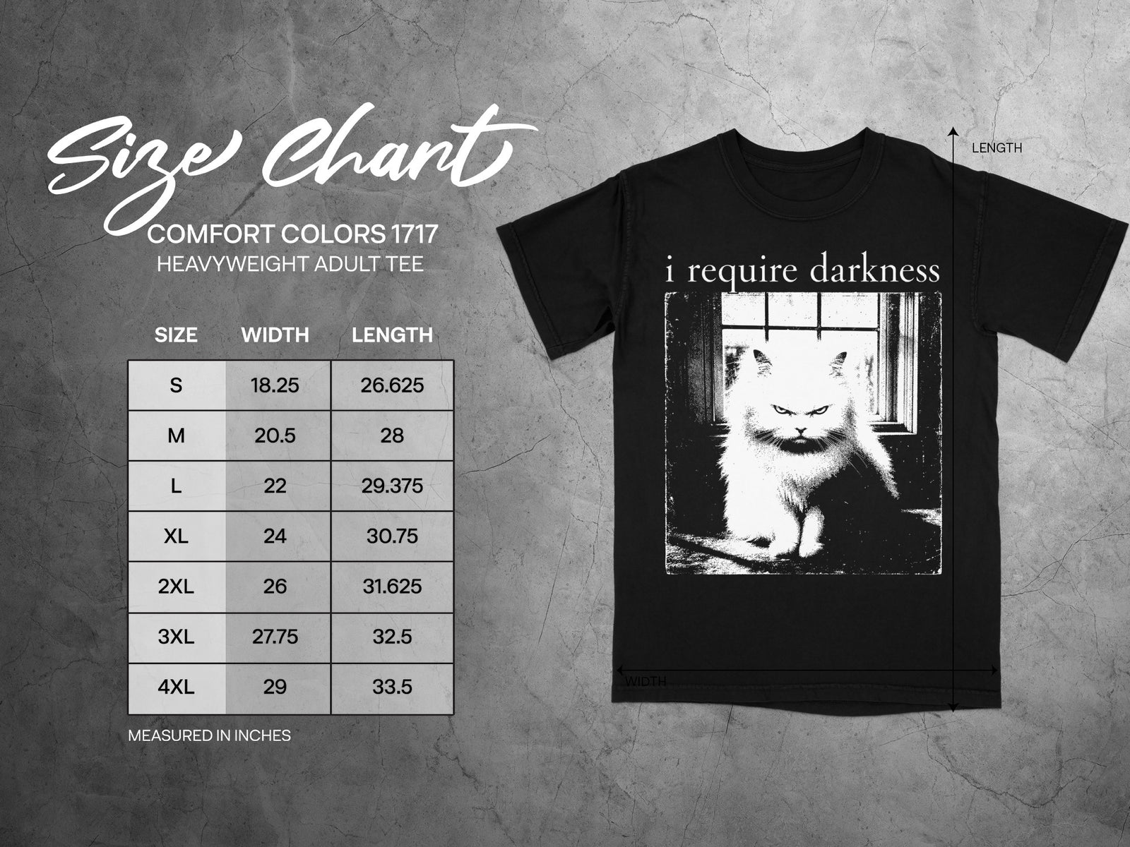 Black t-shirt with a size chart and a distressed graphic of a fluffy white cat.