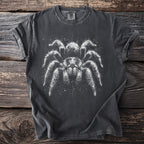 Charcoal t-shirt with a white fuzzy tarantula graphic and Comfort Colors label.