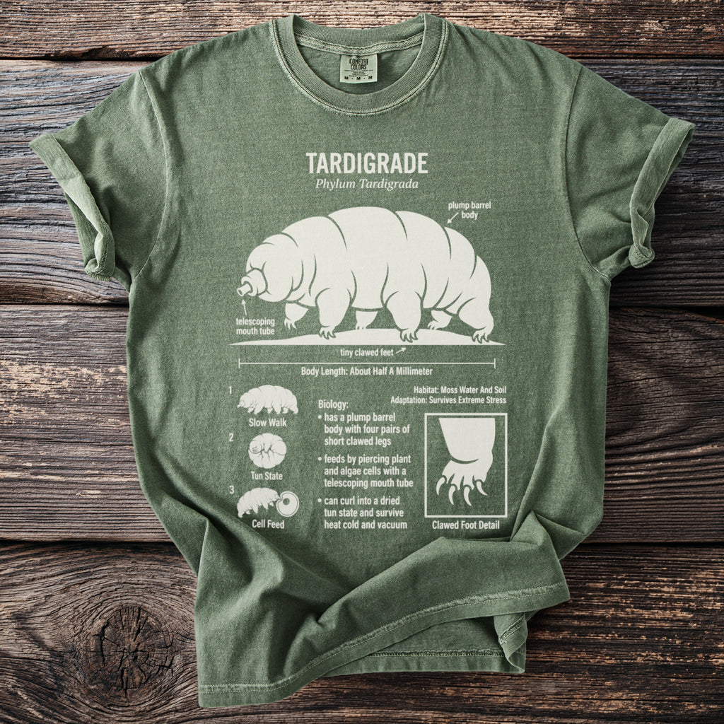 Tardigrade t-shirt with scientific illustration and biology facts.