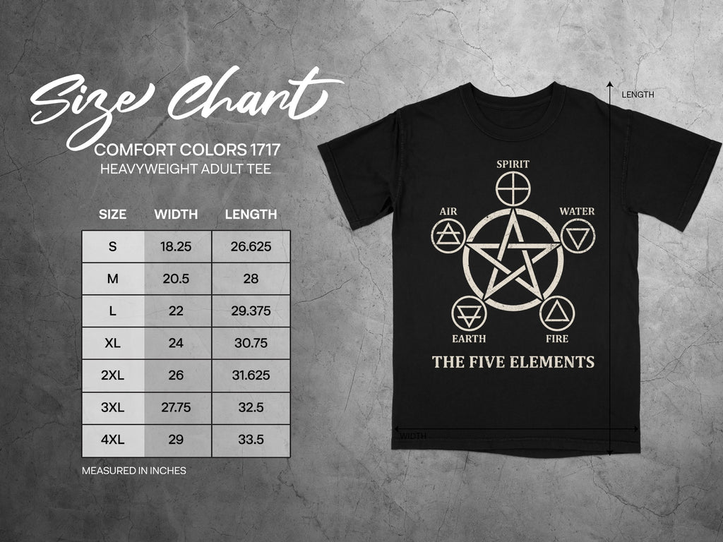 Comfort Colors 1717 heavyweight adult tee size chart with five elements graphic.