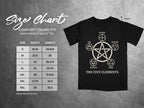 Comfort Colors 1717 heavyweight adult tee size chart with five elements graphic.