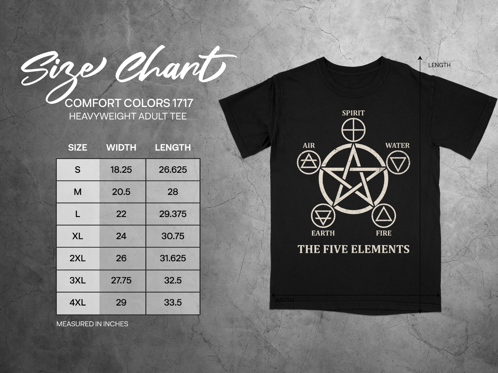 Comfort Colors 1717 heavyweight adult tee size chart with five elements graphic.