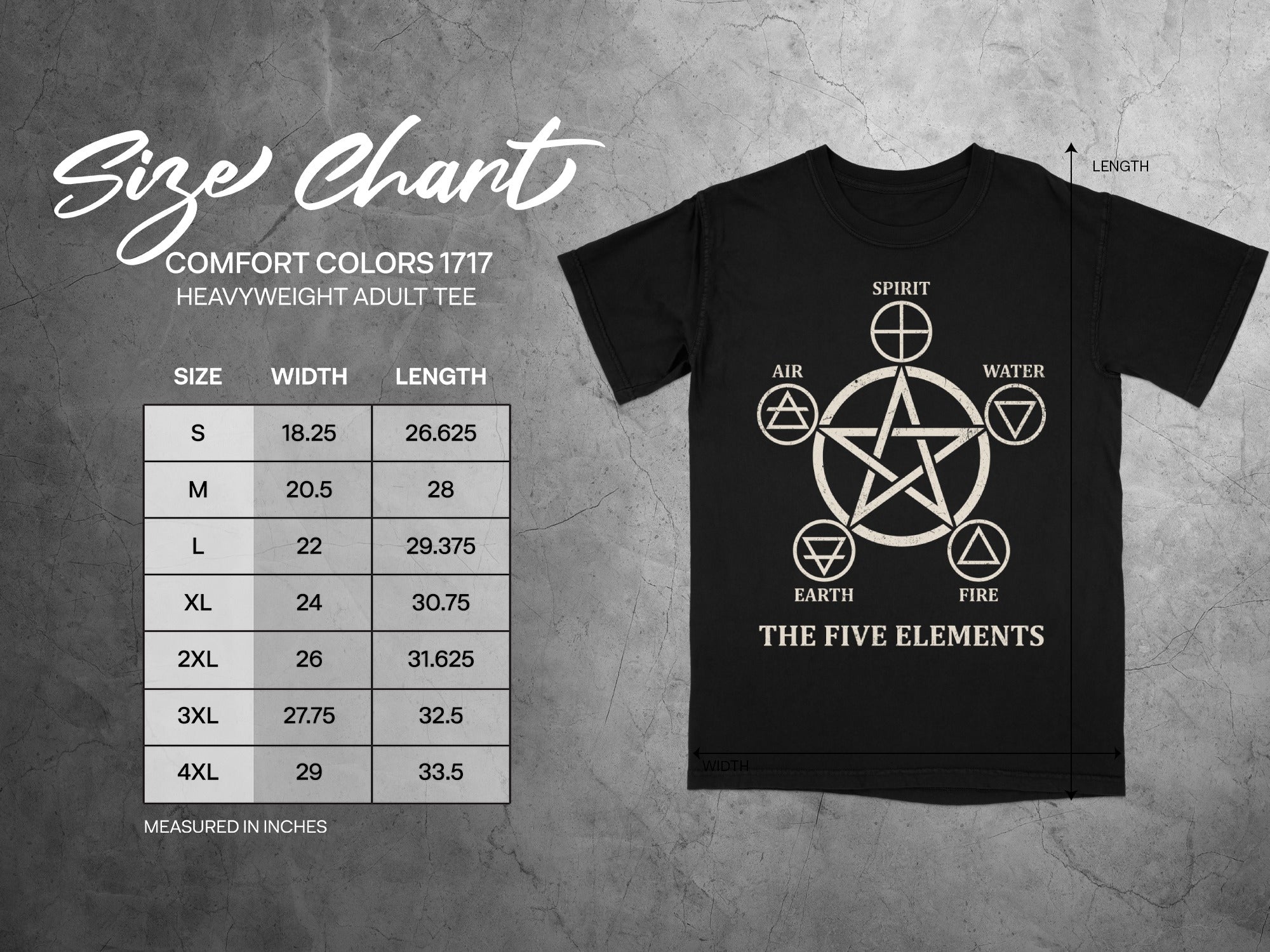 Comfort Colors 1717 heavyweight adult tee size chart with five elements graphic.