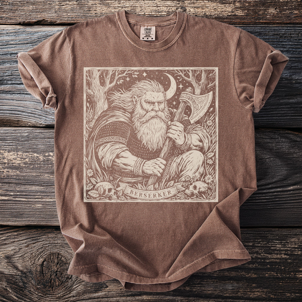 Brown t-shirt with a "Berserker" graphic of a Norse warrior with an axe.