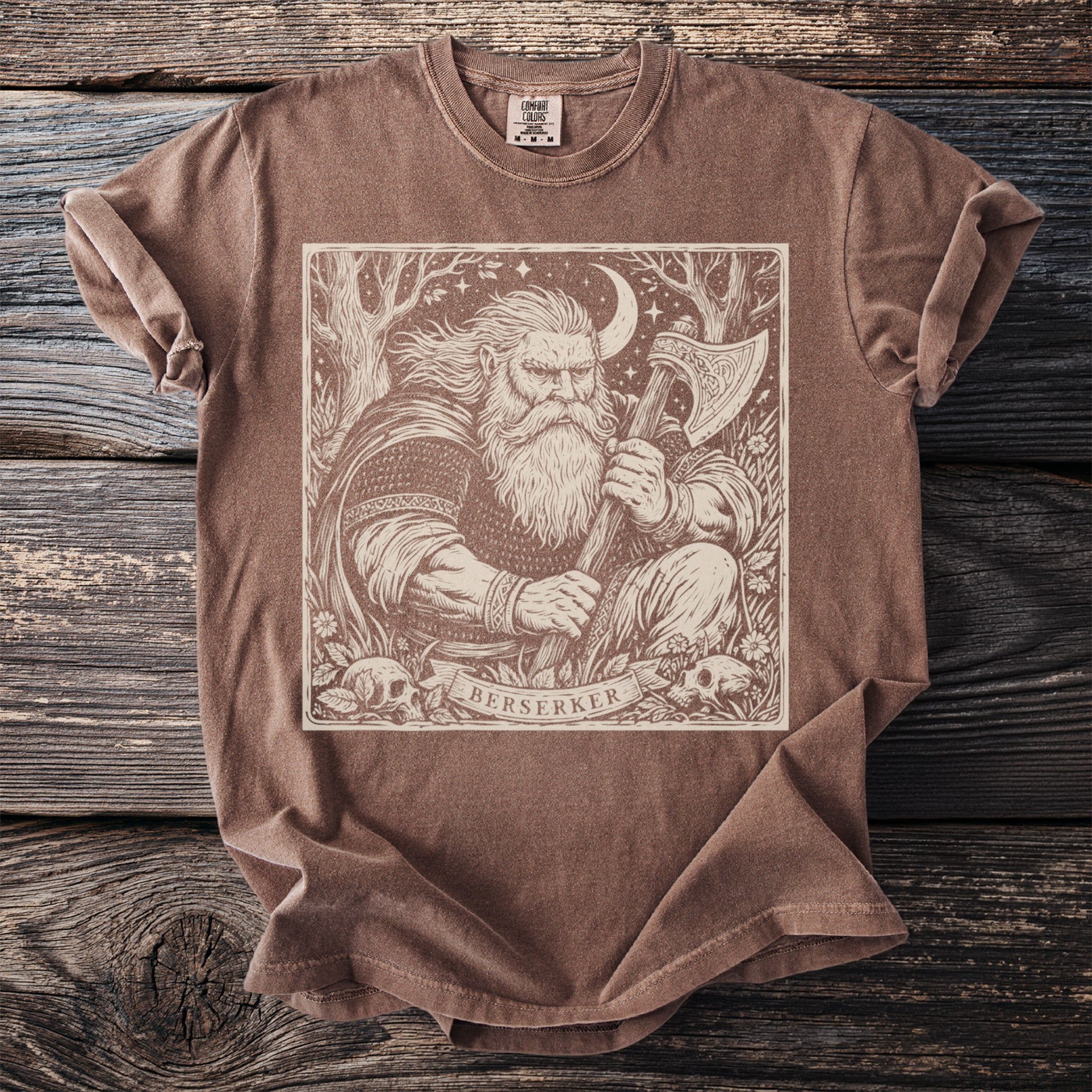 Brown t-shirt with a "Berserker" graphic of a Norse warrior with an axe.