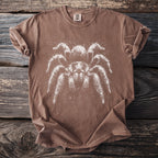 Brown t-shirt with white tarantula graphic and comfort colors tag.