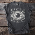 Dark gray t-shirt with a white graphic of an all-seeing eye in space with astronauts and planets.