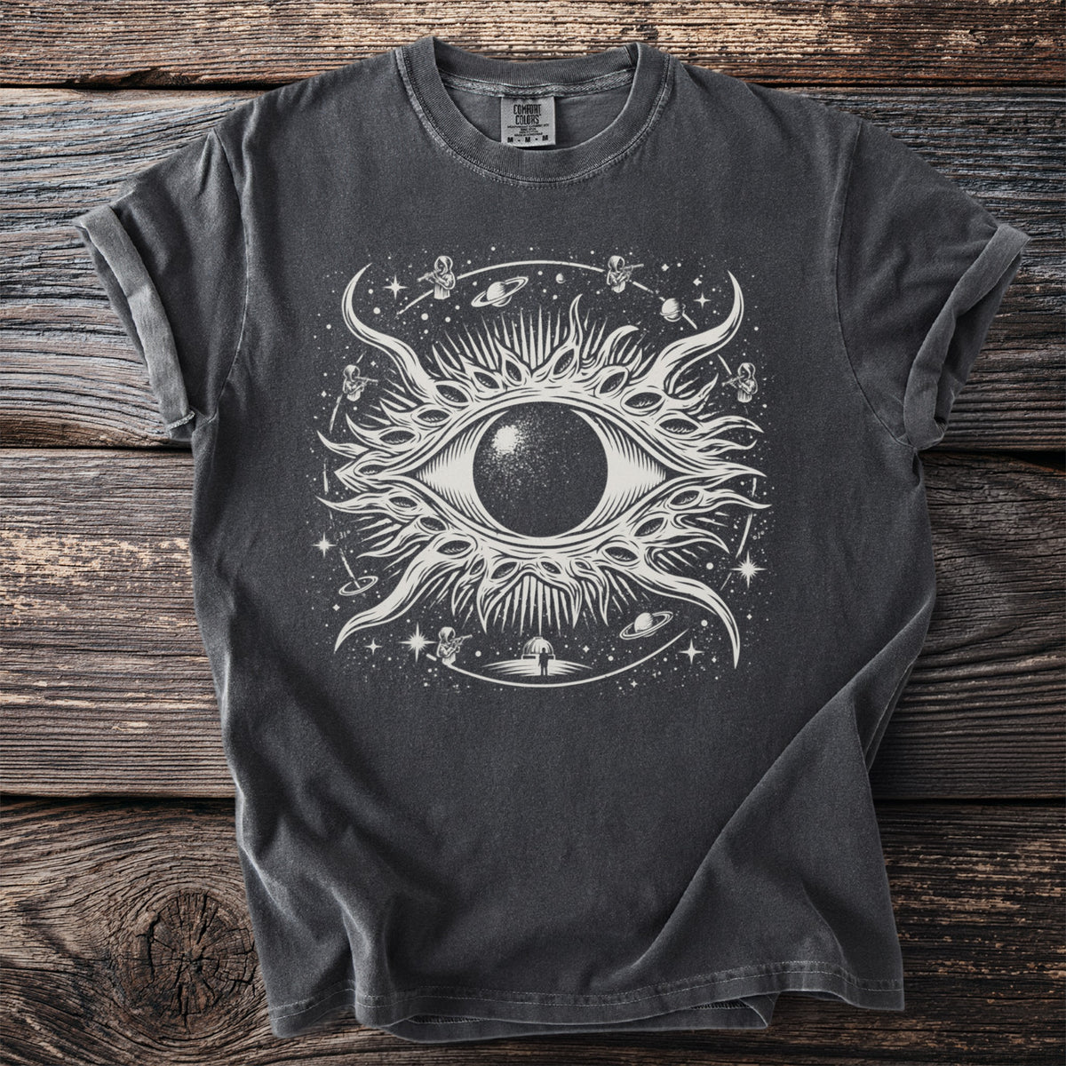 Dark gray t-shirt with a white graphic of an all-seeing eye in space with astronauts and planets.