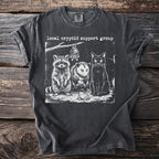 Dark grey Comfort Colors t-shirt with "Local Cryptid Support Group" text and graphic of raccoon, opossum, bat, cat, and frog.