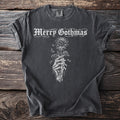 Charcoal t-shirt with white "Merry Gothmas" text and a skeleton hand holding a rose.