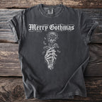 Charcoal t-shirt with white "Merry Gothmas" text and a skeleton hand holding a rose.