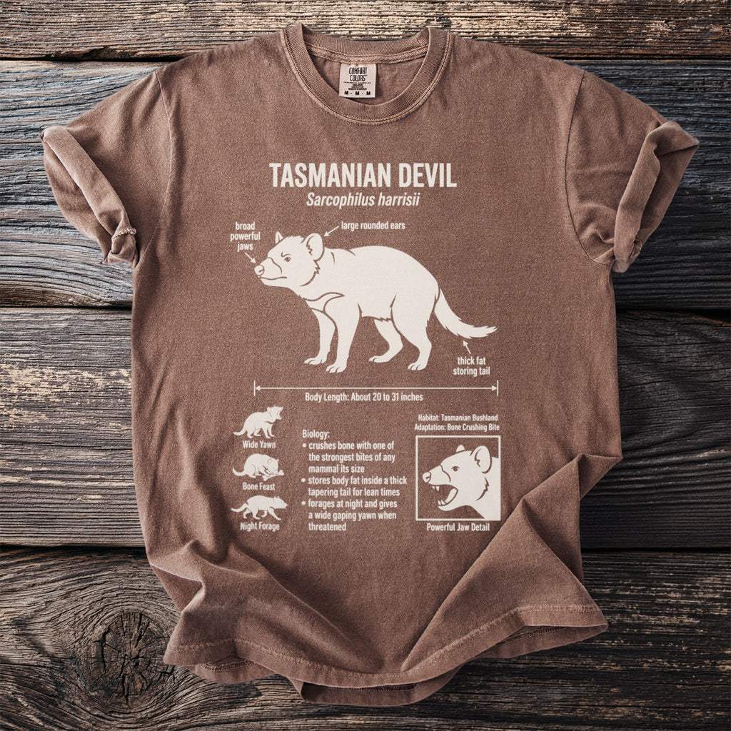 T-shirt with diagram of Tasmanian Devil's features and biology.