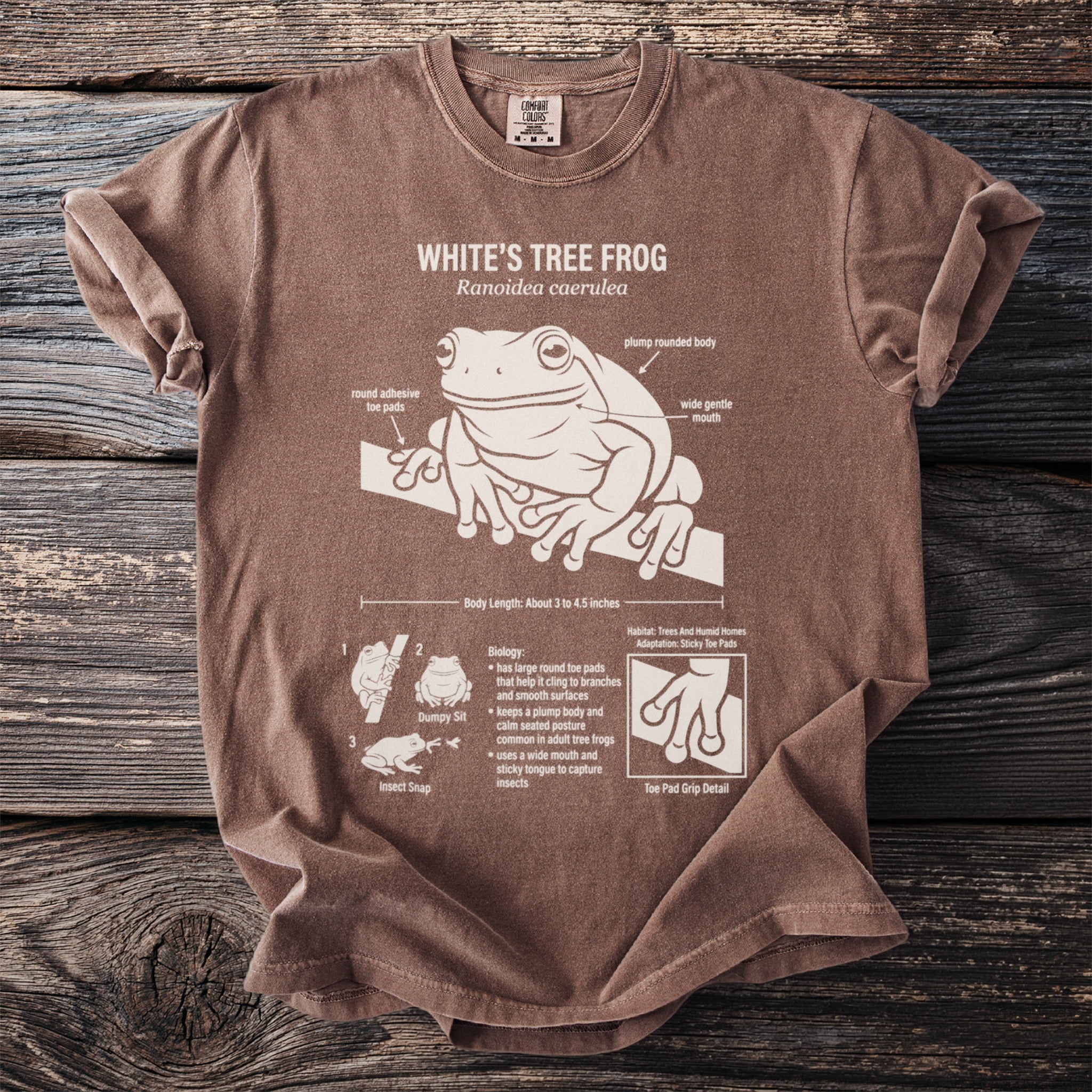 Brown t-shirt with White's Tree Frog illustration and biological details.