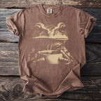Brown t-shirt with a graphic of a frog holding a mug.
