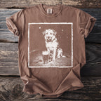 Brown t-shirt with a white graphic of a dog sitting next to a beer mug.