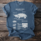 Mata Mata turtle diagram with biology, habitat, and adaptations on blue t-shirt.