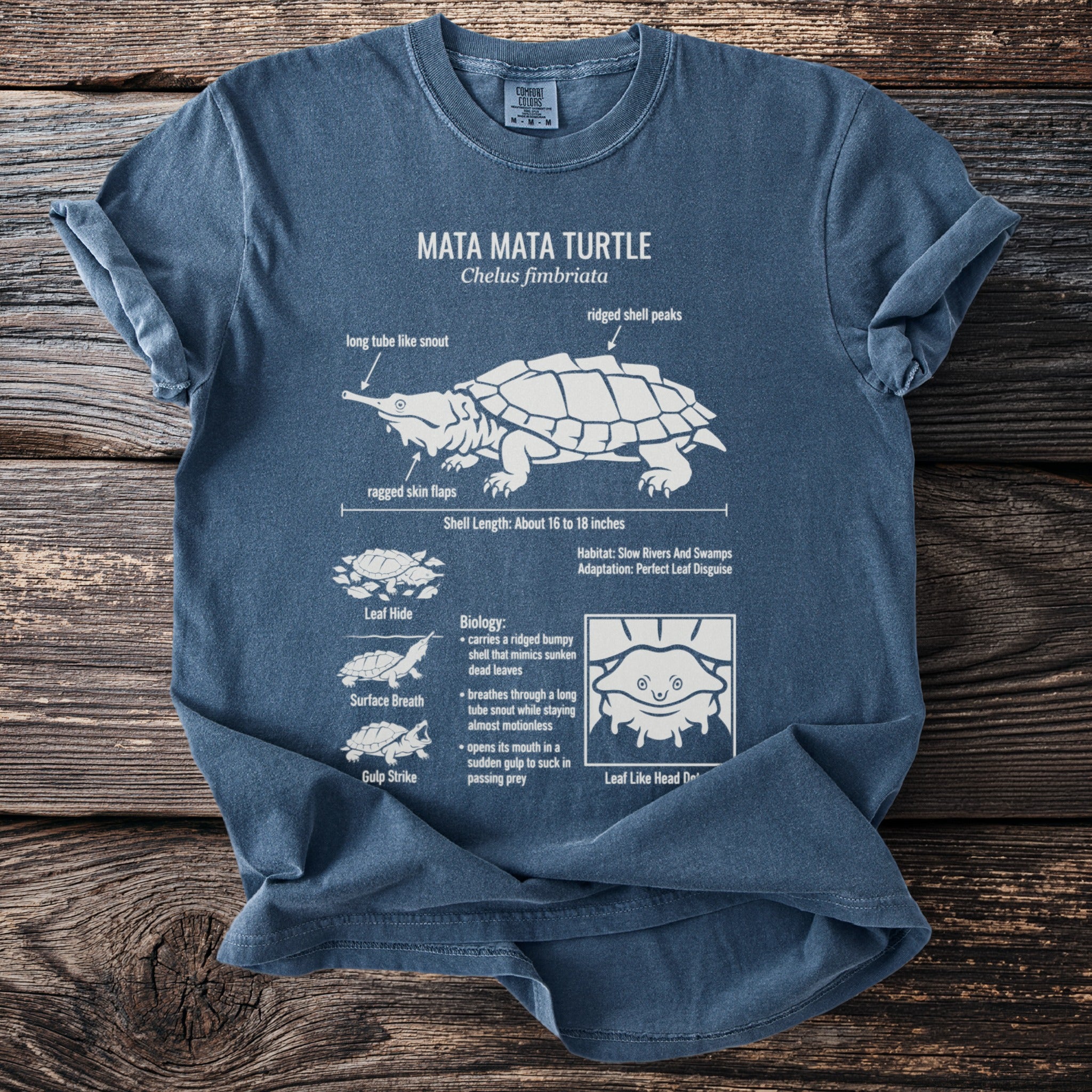 Mata Mata turtle diagram with biology, habitat, and adaptations on blue t-shirt.