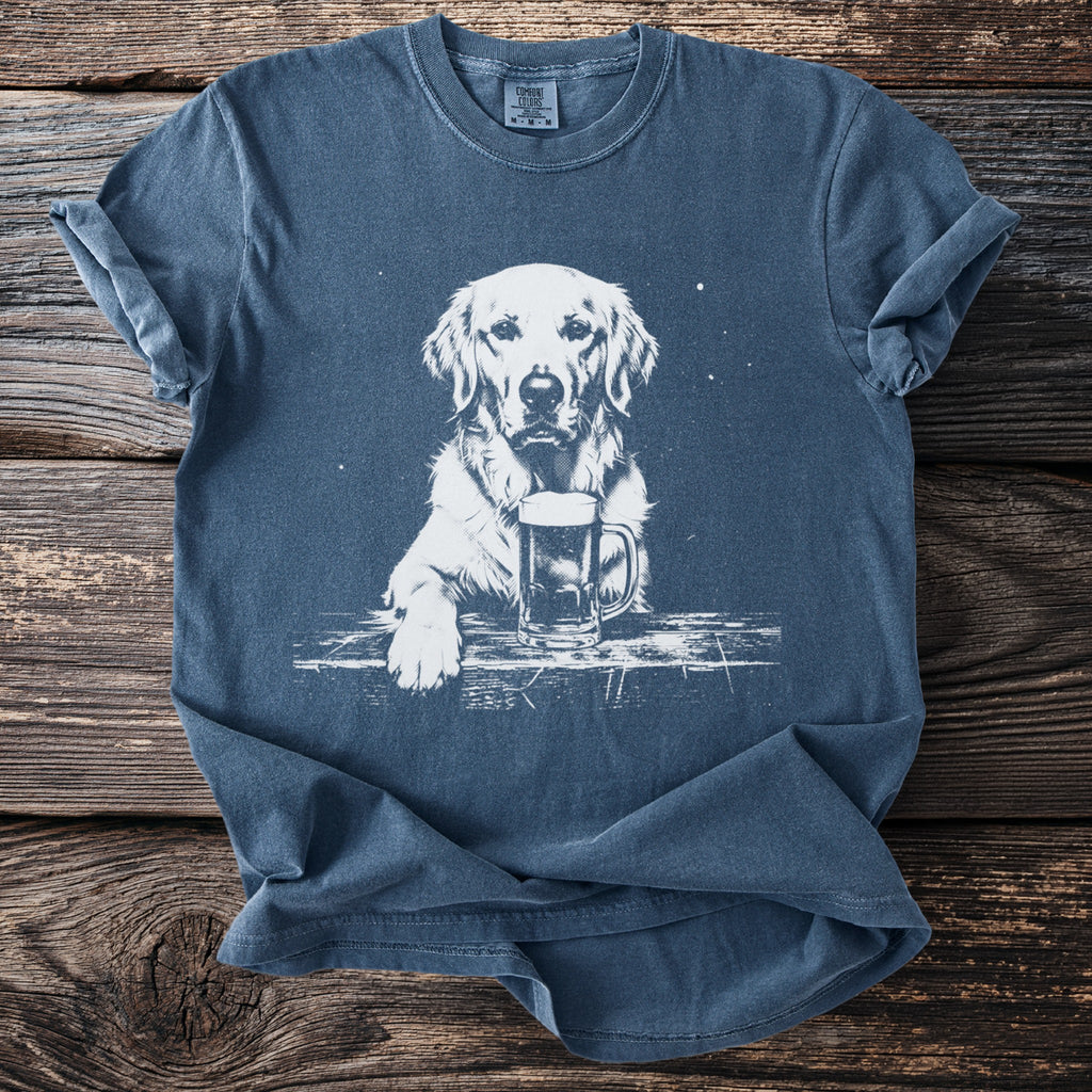 Blue t-shirt with a white graphic of a Golden Retriever and a beer mug.