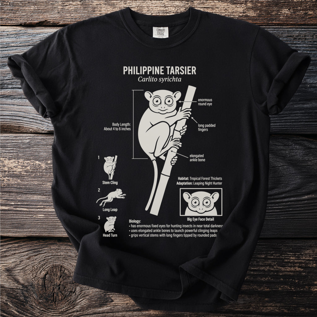 Philippine Tarsier Carlito syrichta infographic on black t-shirt.